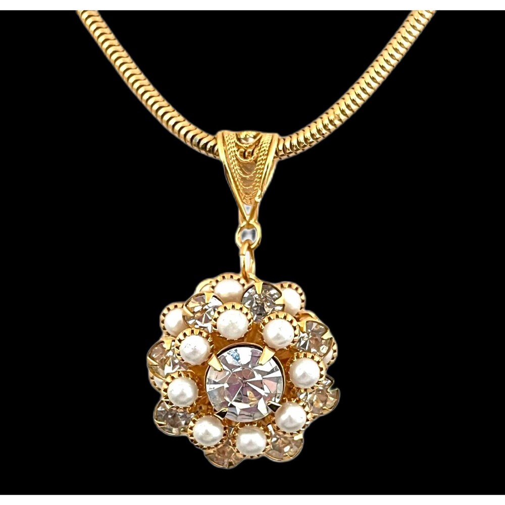 Vintage 1960s Gold Tone Pendant Necklace Crystal Faux Pearl Mid Century - 1V